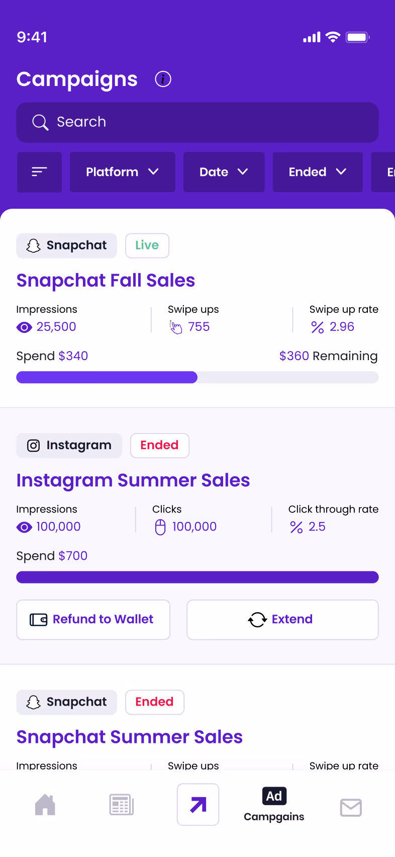 OptimizeApp — Campaigns Dashboard