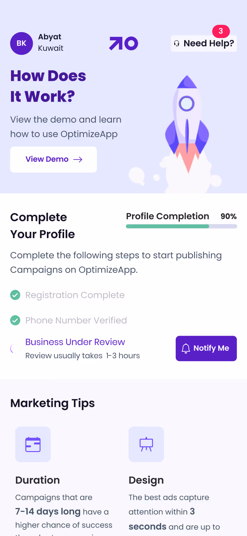 OptimizeApp — Homescreen